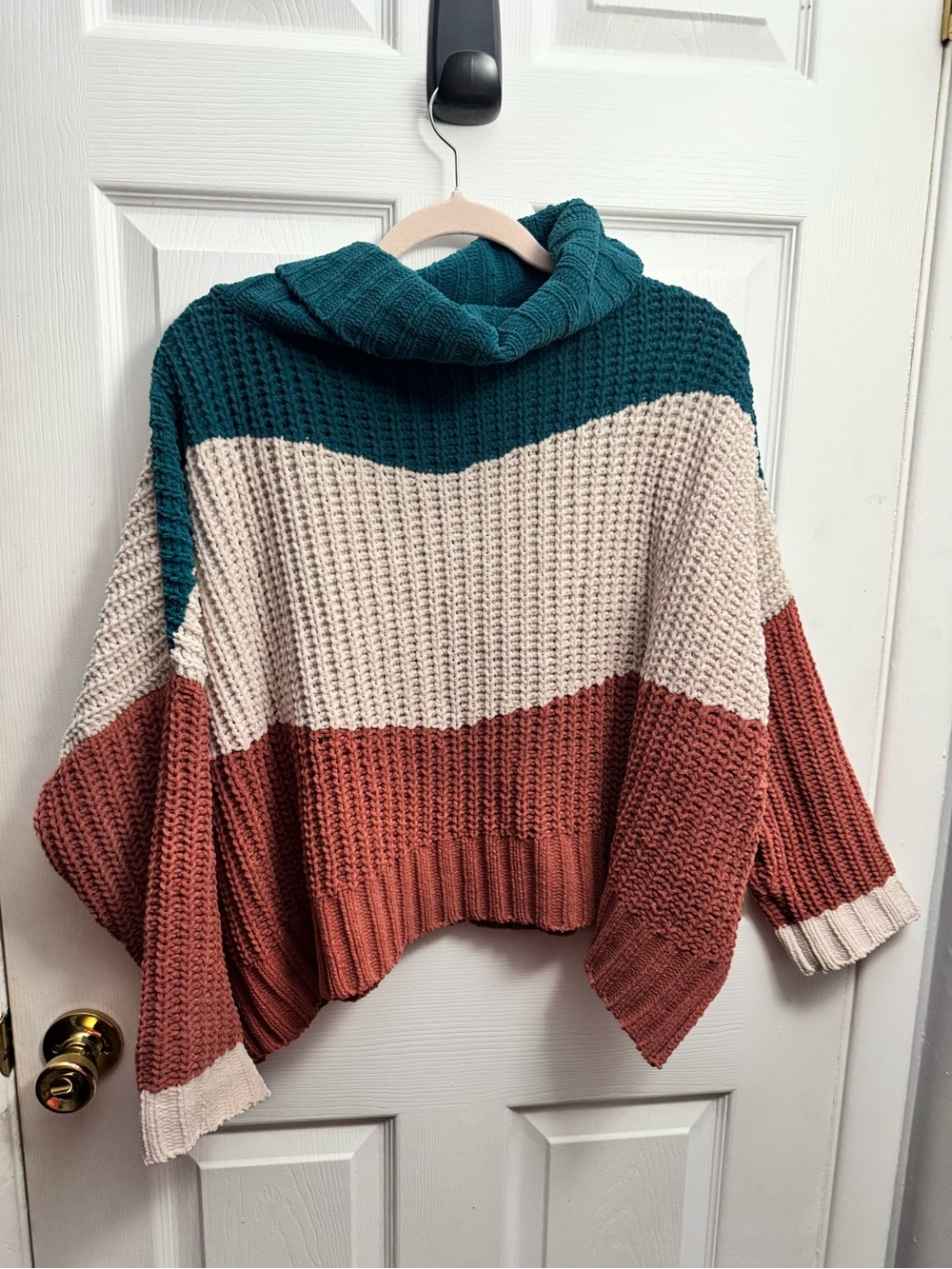 POL Colorblock Chunky Knit Sweater - Teal, Cream & Rust